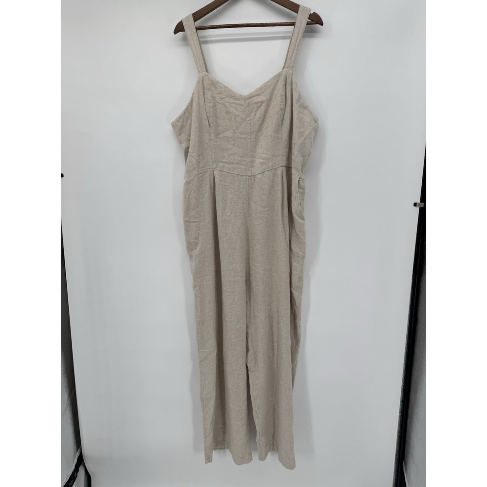 Old Navy Jumpsuit 2X Beige Fit & Flare Linen Blend Smocked Back pockets capsule - Picture 2 of 12